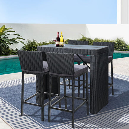 Gardeon 5-Piece Outdoor Bar Set Dining Table Stools Wicker Patio Setting Furniture Kings Warehouse 
