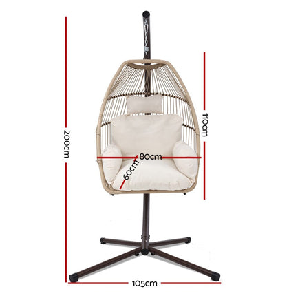 Gardeon Outdoor Egg Swing Chair Hanging Chair Wicker Rope Pod Stand Cushion Latte Furniture Kings Warehouse 
