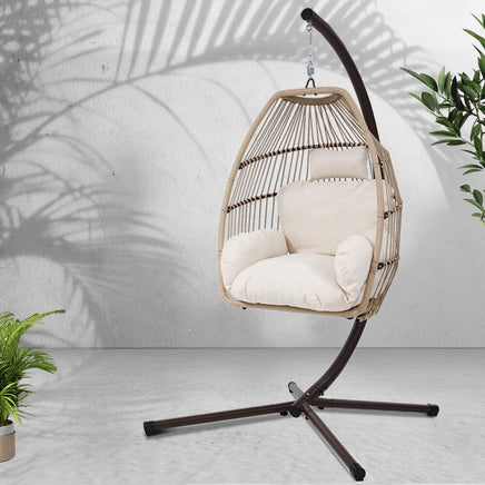 Gardeon Outdoor Egg Swing Chair Hanging Chair Wicker Rope Pod Stand Cushion Latte Furniture Kings Warehouse 