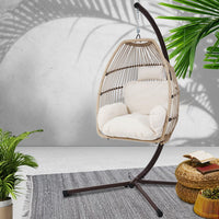 Gardeon Outdoor Egg Swing Chair Hanging Chair Wicker Rope Pod Stand Cushion Latte Furniture Kings Warehouse 