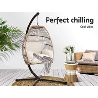 Gardeon Outdoor Egg Swing Chair Hanging Chair Wicker Rope Pod Stand Cushion Latte Furniture Kings Warehouse 