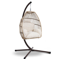 Gardeon Outdoor Egg Swing Chair Hanging Chair Wicker Rope Pod Stand Cushion Latte Furniture Kings Warehouse 