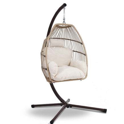 Gardeon Outdoor Egg Swing Chair Hanging Chair Wicker Rope Pod Stand Cushion Latte Furniture Kings Warehouse 
