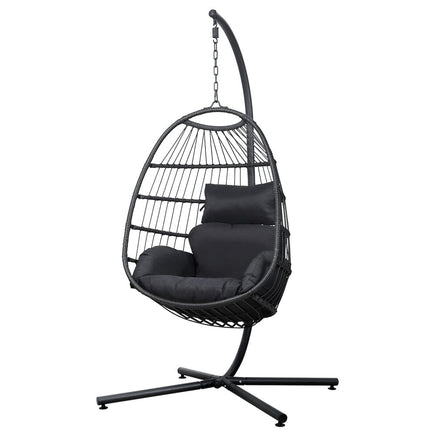 Gardeon Outdoor Egg Swing Chair Hanging Chair Wicker Rope Pod Stand Foldable Grey Furniture Kings Warehouse 