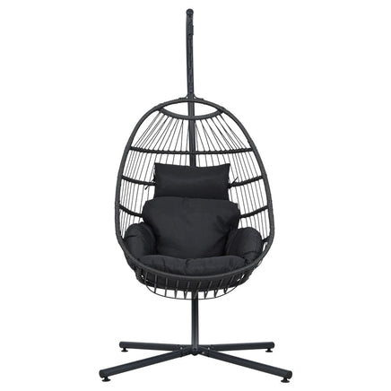 Gardeon Outdoor Egg Swing Chair Hanging Chair Wicker Rope Pod Stand Foldable Grey Furniture Kings Warehouse 