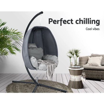 Gardeon Outdoor Egg Swing Chair Patio Furniture Pod Stand Canopy Foldable Grey Furniture Kings Warehouse 