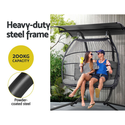 Gardeon Outdoor Egg Swing Chair Wicker Furniture Pod Stand Canopy 2 Seater Grey Furniture Kings Warehouse 