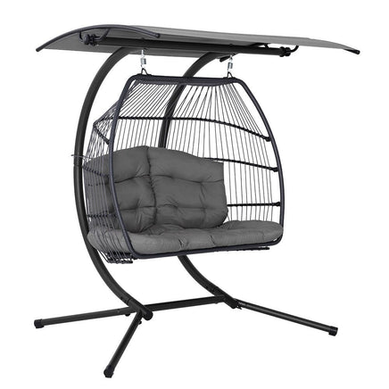 Gardeon Outdoor Egg Swing Chair Wicker Furniture Pod Stand Canopy 2 Seater Grey Furniture Kings Warehouse 