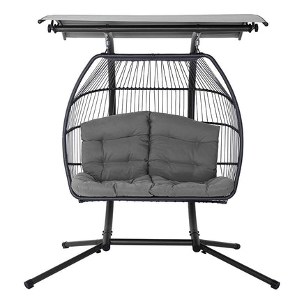 Gardeon Outdoor Egg Swing Chair Wicker Furniture Pod Stand Canopy 2 Seater Grey Furniture Kings Warehouse 