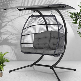 Gardeon Outdoor Egg Swing Chair Wicker Furniture Pod Stand Canopy 2 Seater Grey Furniture Kings Warehouse 
