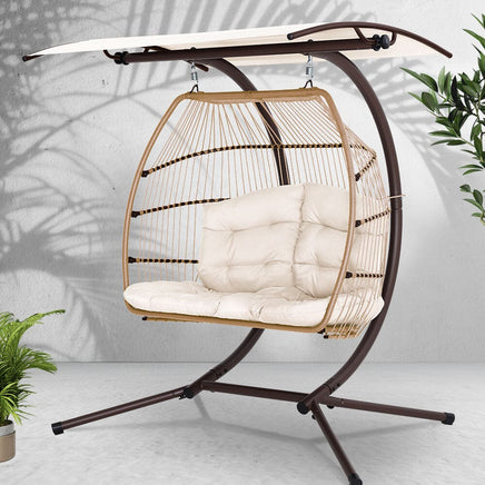 Gardeon Outdoor Egg Swing Chair Wicker Furniture Pod Stand Canopy 2 Seater Latte Furniture Kings Warehouse 