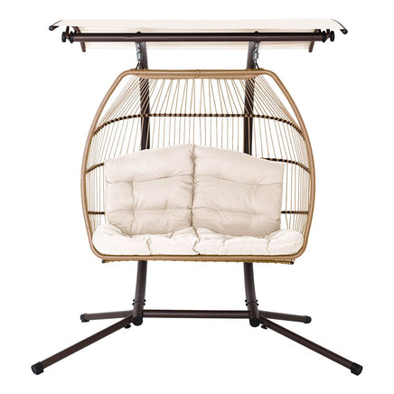 Gardeon Outdoor Egg Swing Chair Wicker Furniture Pod Stand Canopy 2 Seater Latte Furniture Kings Warehouse 