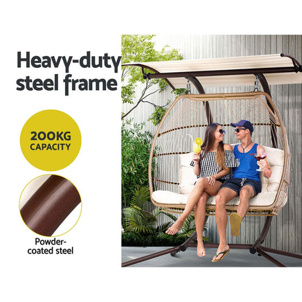 Gardeon Outdoor Egg Swing Chair Wicker Furniture Pod Stand Canopy 2 Seater Latte Furniture Kings Warehouse 