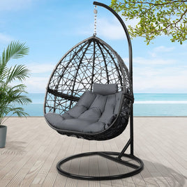 Gardeon Outdoor Egg Swing Chair Wicker Rattan Furniture Pod Stand Cushion Grey Furniture Kings Warehouse 