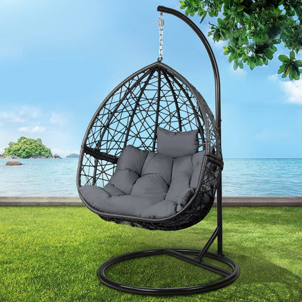 Gardeon Outdoor Egg Swing Chair Wicker Rattan Furniture Pod Stand Cushion Grey Furniture Kings Warehouse 