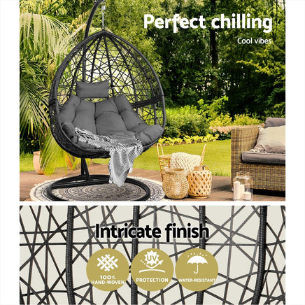 Gardeon Outdoor Egg Swing Chair Wicker Rattan Furniture Pod Stand Cushion Grey Furniture Kings Warehouse 