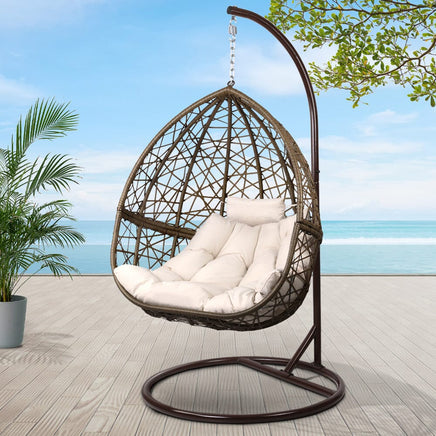 Gardeon Outdoor Egg Swing Chair Wicker Rattan Furniture Pod Stand Cushion Latte Furniture Kings Warehouse 