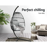 Gardeon Outdoor Egg Swing Chair Wicker Rope Furniture Pod Stand Cushion Grey Furniture Kings Warehouse 
