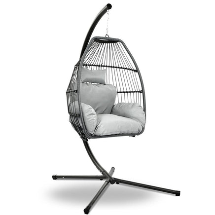 Gardeon Outdoor Egg Swing Chair Wicker Rope Furniture Pod Stand Cushion Grey Furniture Kings Warehouse 