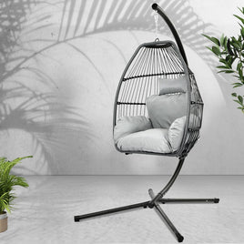 Gardeon Outdoor Egg Swing Chair Wicker Rope Furniture Pod Stand Cushion Grey Furniture Kings Warehouse
