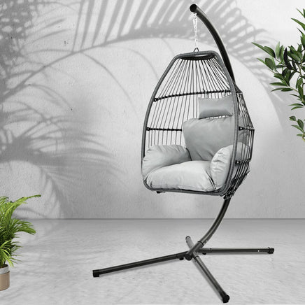 Gardeon Outdoor Egg Swing Chair Wicker Rope Furniture Pod Stand Cushion Grey Furniture Kings Warehouse 