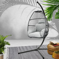 Gardeon Outdoor Egg Swing Chair Wicker Rope Furniture Pod Stand Cushion Grey Furniture Kings Warehouse 