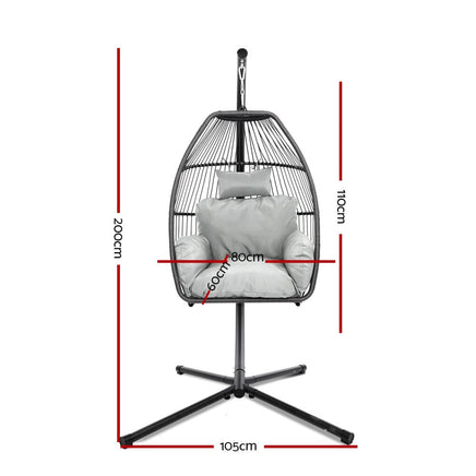 Gardeon Outdoor Egg Swing Chair Wicker Rope Furniture Pod Stand Cushion Grey Furniture Kings Warehouse 
