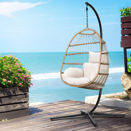 Gardeon Outdoor Egg Swing Chair Wicker Rope Furniture Pod Stand Foldable Yellow Furniture Kings Warehouse 