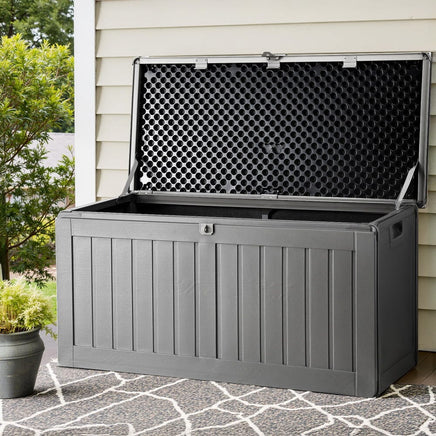 Gardeon Outdoor Storage Box 190L Container Lockable Garden Bench Tool Shed Black Furniture Kings Warehouse 