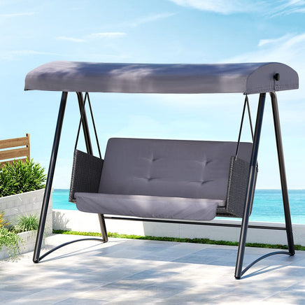 Gardeon Outdoor Swing Chair Garden Bench Furniture Canopy 3 Seater Rattan Grey Furniture Kings Warehouse 