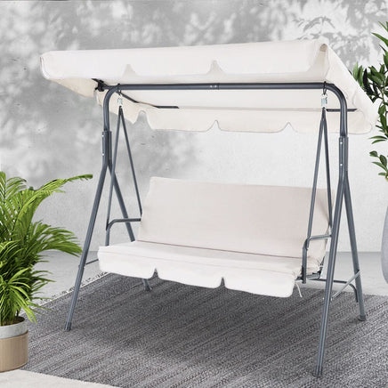 Gardeon Outdoor Swing Chair Garden Chair Bench Furniture Canopy 3 Seater Beige Furniture Kings Warehouse 