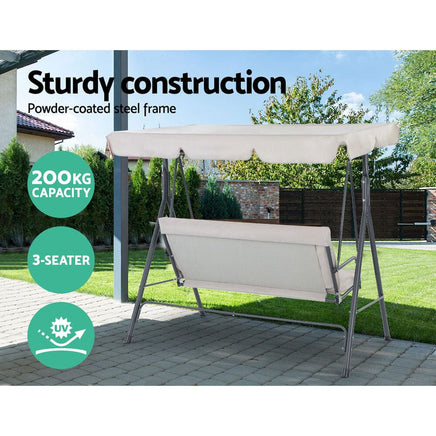 Gardeon Outdoor Swing Chair Garden Chair Bench Furniture Canopy 3 Seater Beige Furniture Kings Warehouse 
