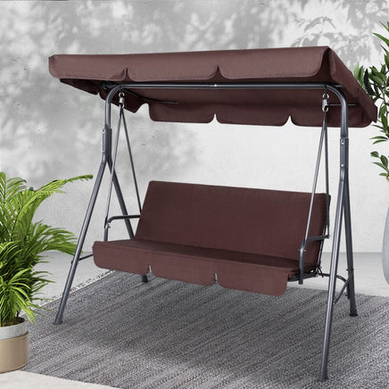 Gardeon Outdoor Swing Chair Garden Chair Bench Furniture Canopy 3 Seater Brown Furniture Kings Warehouse 