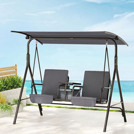 Gardeon Outdoor Swing Chair Garden Chair Canopy Cup Holder 2 Seater Grey Furniture Kings Warehouse 