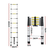 Giantz 2.6M Telescopic Ladder Aluminium Extension Extendable Steps Adjustable Height Tools Kings Warehouse 