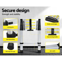 Giantz 2.6M Telescopic Ladder Aluminium Extension Extendable Steps Adjustable Height Tools Kings Warehouse 