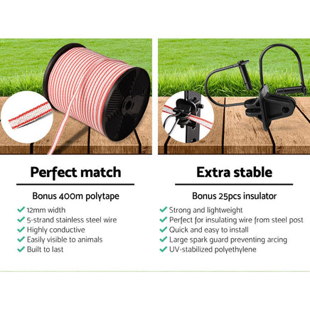 Giantz Fence Energiser 5KM Solar Powered Electric 400M Poly Tape Insulator Pet Care Kings Warehouse 