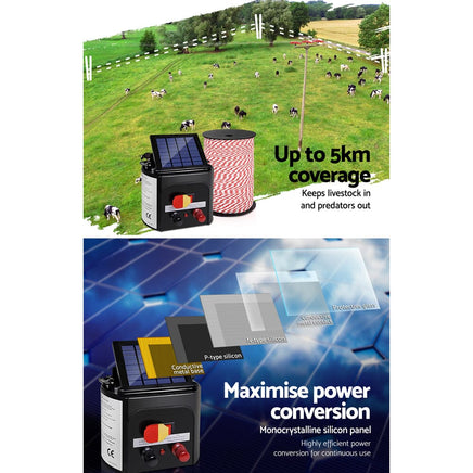 Giantz Fence Energiser 5KM Solar Powered Electric 500M Poly Rope Pet Care Kings Warehouse 
