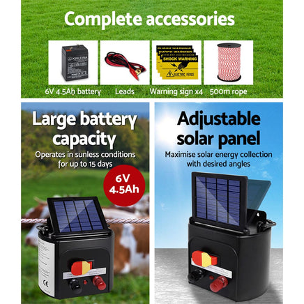 Giantz Fence Energiser 5KM Solar Powered Electric 500M Poly Rope Pet Care Kings Warehouse 