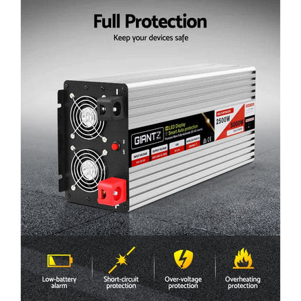 Giantz Power Inverter 12V to 240V 2500W/5000W Pure Sine Wave Camping Car Boat Outdoor Recreation Kings Warehouse 