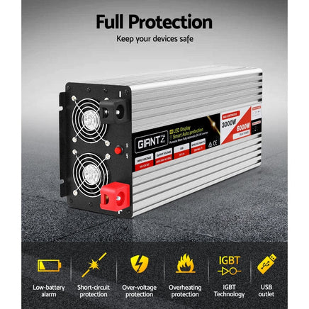 Giantz Power Inverter 3000W or 6000W Pure Sine Wave 12V-240V Camping Boat Caravan Outdoor Recreation Kings Warehouse 