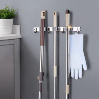 GOMINIMO Stainless Steel Broom Mop Holder Wall Mount with 3 Racks 4 Hooks (Grey) GO-BMH-100-YLF Kings Warehouse 