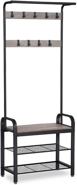 Greige and Black Steel Freestanding Coat Rack Stand with Removable Hooks, Bench and Shoe Rack, Height 183 cm Furniture Kings Warehouse 