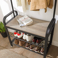 Greige and Black Steel Freestanding Coat Rack Stand with Removable Hooks, Bench and Shoe Rack, Height 183 cm Furniture Kings Warehouse 
