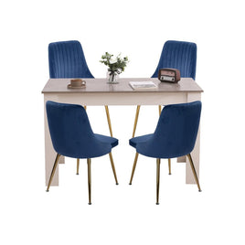 Grey Rectangular Dining Table with 4x Blue Velvet Chairs Kings Warehouse 