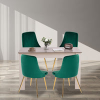 Grey Rectangular Dining Table with 4x Green Velvet Chairs Kings Warehouse 
