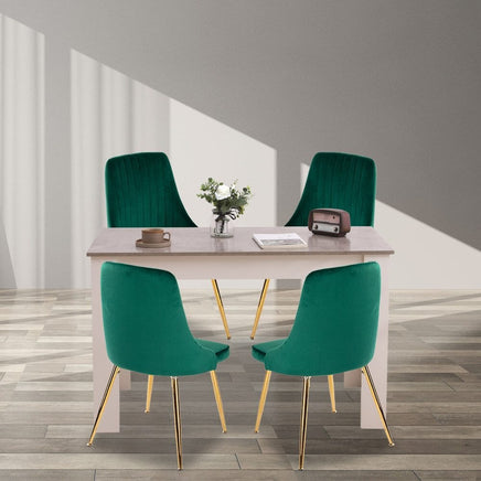 Grey Rectangular Dining Table with 4x Green Velvet Chairs Kings Warehouse 