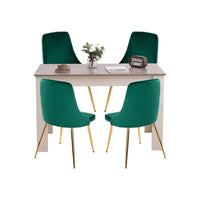 Grey Rectangular Dining Table with 4x Green Velvet Chairs Kings Warehouse 