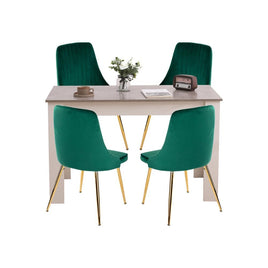 Grey Rectangular Dining Table with 4x Green Velvet Chairs Kings Warehouse 