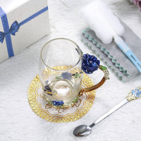 Hand Made Enamel daisy Flower Glass Coffee Mug Tea Cup Spoon Gift Idea Blue Kings Warehouse 